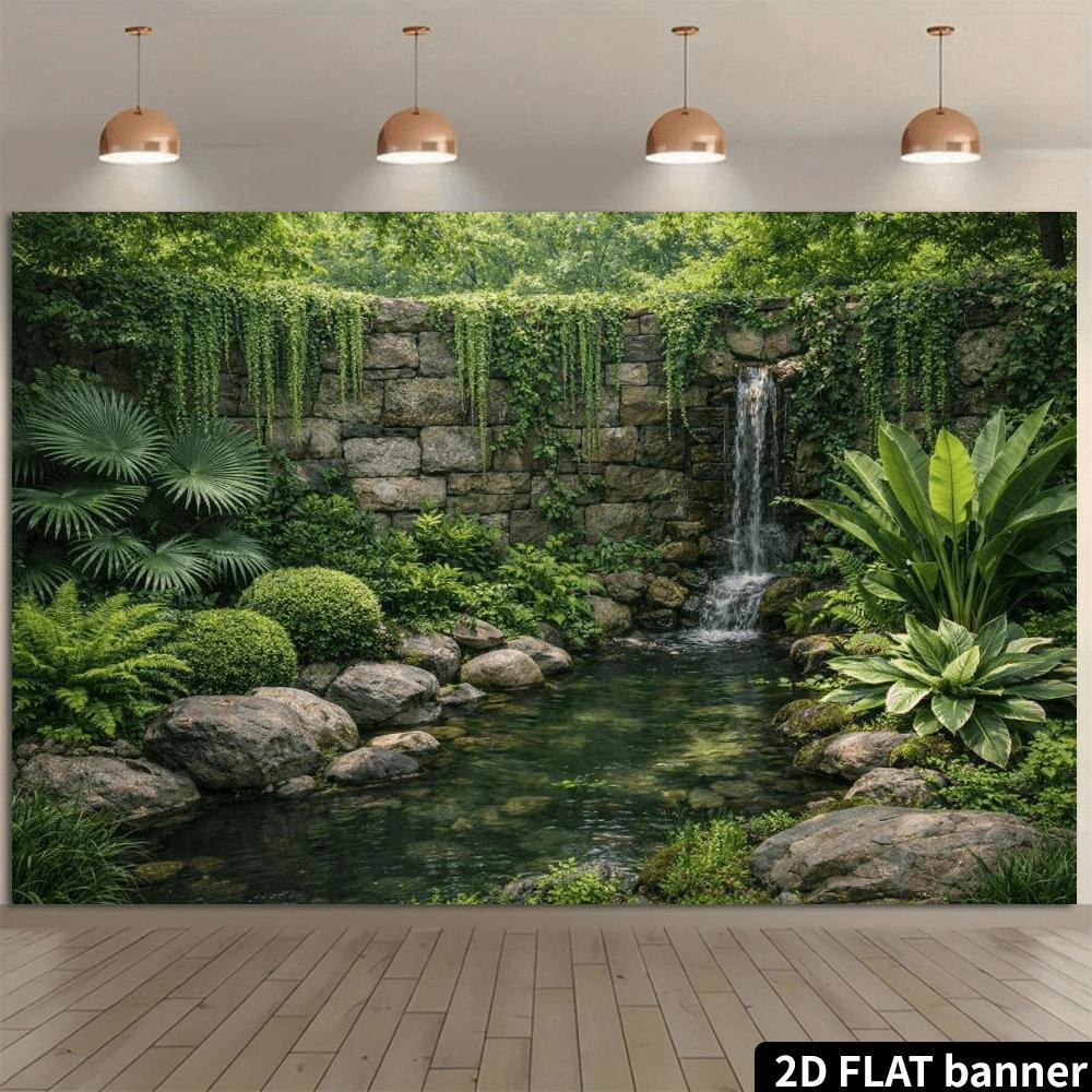 2D plane 1 piece of Zen-style garden waterfall background fabric - stone wall waterfall and green plant pattern