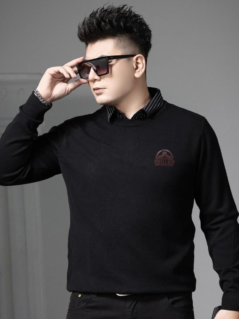 European-Style Faux Two-Piece Round-Neck Sweater for Men, Autumn and Winter Trendy Brand Printed Warm Knit Pullover Sweater