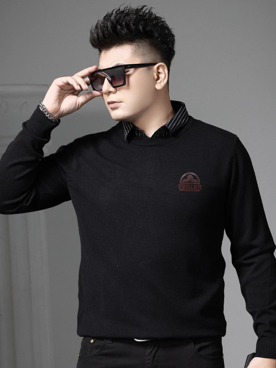 

European-Style Faux Two-Piece Round-Neck Sweater for Men, Autumn and Winter Trendy Brand Printed Warm Knit Pullover Sweater L темно-серого