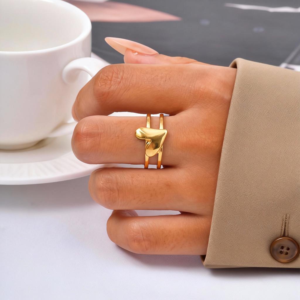 Adjustable Stainless Steel Finger Ring for Women Heart-Shaped Double Layer Opening Rings Dainty Jewelry Valentine Gifts