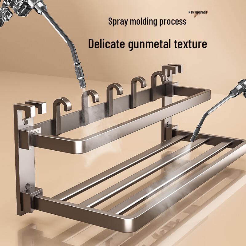 No-Drill Foldable Bathroom Towel Rack with Hooks and Storage Shelf