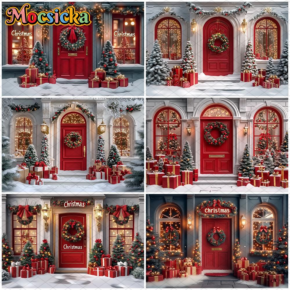 Mocsicka Christmas Photography Backgrounds Xmas Tree Decor Family Festival Party Photo Backdrops Winter Snow Door Pattern Banner