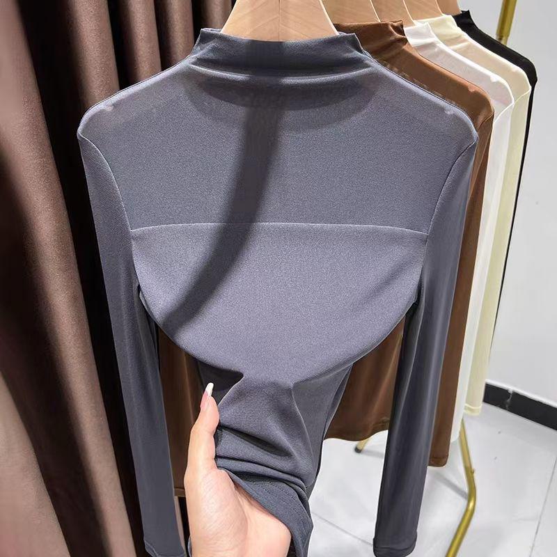 Women's Semi-High Neck Lace Mesh Top - Solid Color, Early Autumn 2025 Collection.