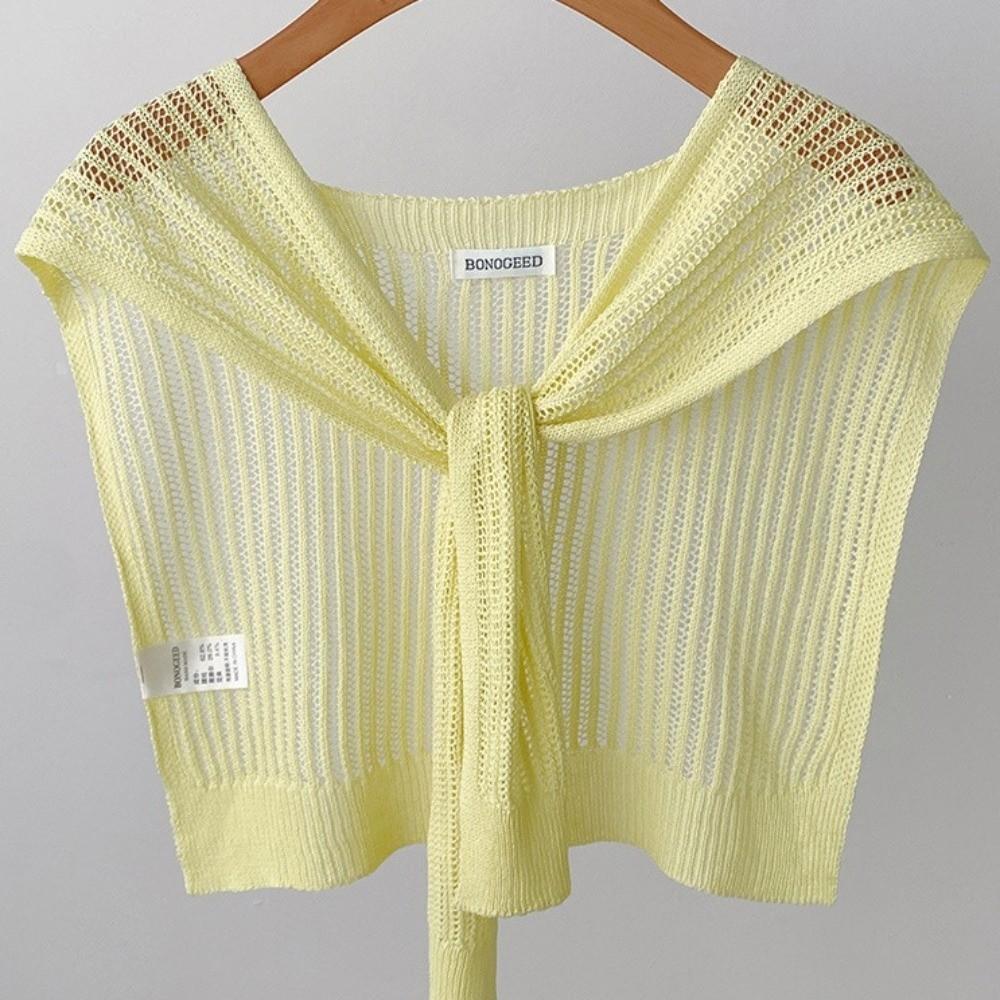 Summer Knitted Shawl Solid Color Neck Guard Scarf Fashion Thin Knotted Cape  for Women