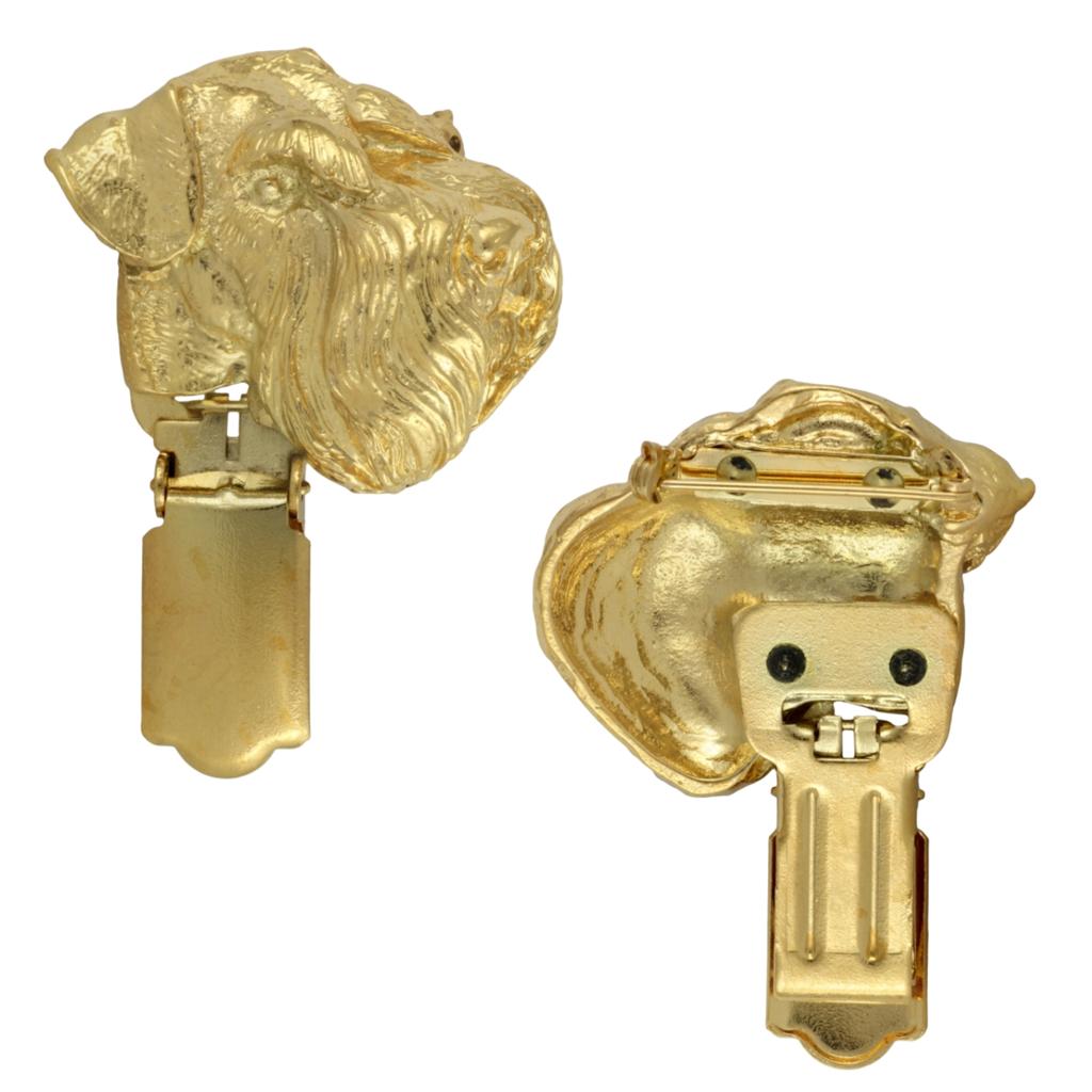 Schnauzer I - brooch with a clip, gold-plated holder for a start number, a gift for a dog show by Art-Dog brand.