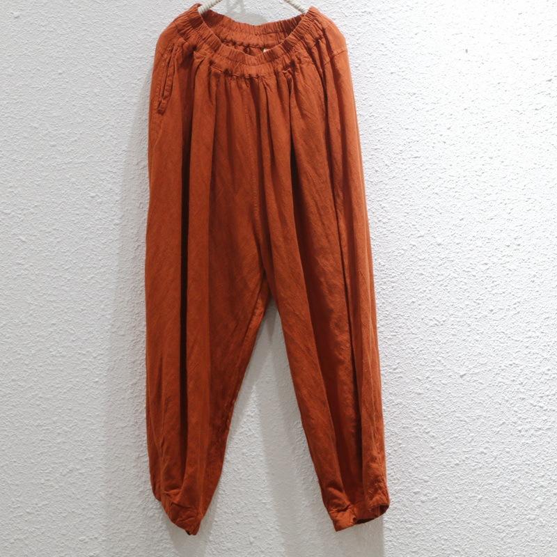 Johnature Women Vintage Linen Wide Leg Pants Elastic Waist Loose Autumn Trouser Chinese Style Women Soft Long Pants