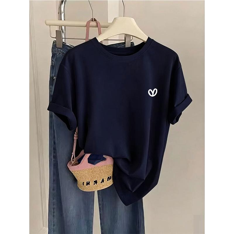 New Shoulder Pure Cotton Round Neck Short-sleeved T-shirt Women's Fashion Foreign Style Top Thin Bottoming Shirt Spring, Summer and Autumn
