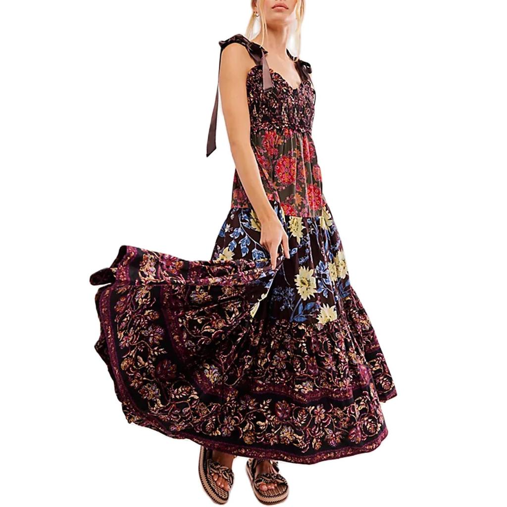 Damen Sommerkleider Fließendes, gesmoktes Maxikleid Ärmellos Binden Schulter Boho Kleider Blumen Strand Sommerkleider