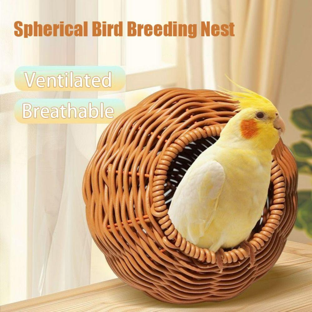 Imitation Rattan Weave Spherical Bird Breeding Nest Ventilated Hangable Bird Cage Summer Cool Breathable Parrot House Garden