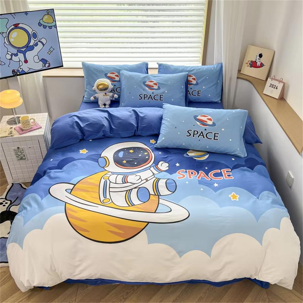 Cartoon Astronaut Duvet Cover Set 2Pcs, Queen Size Space Planet Printed Bedding Comforter Covers Set With Pillowcase 75*50Cm