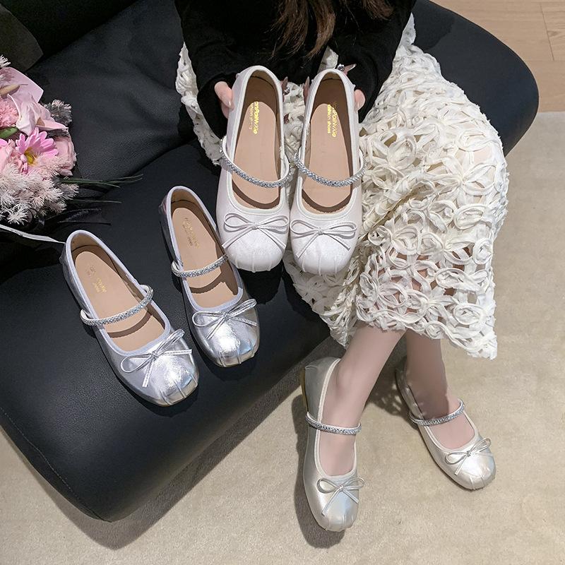 French single shoes women's skirt summer with 2025 new ballet silver flats Mary Jane small leather shoes evening shoes