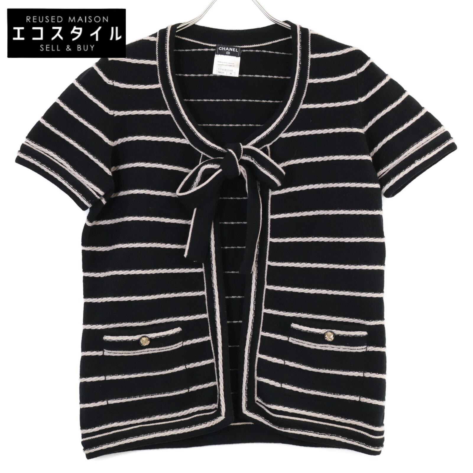 

CHANEL [Excellent Condition] P37442K02435 Striped Cashmere 100% Short Sleeve Knit tops 38 blackUsed
