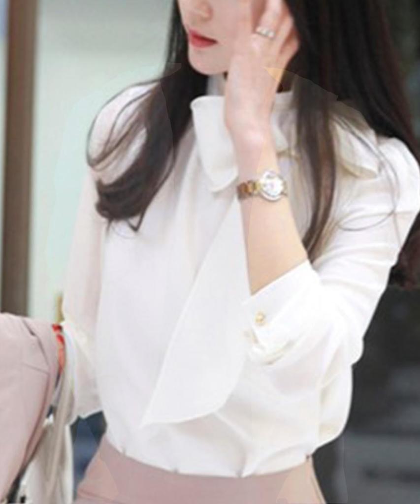 Doors Ribbon Long Plus Stylish Band Collar Fluffy Relaxed Cool Biz Voluminous Women's Stand-Up Collar, Shirt, Sleeve, Elegant, Business, Formal,