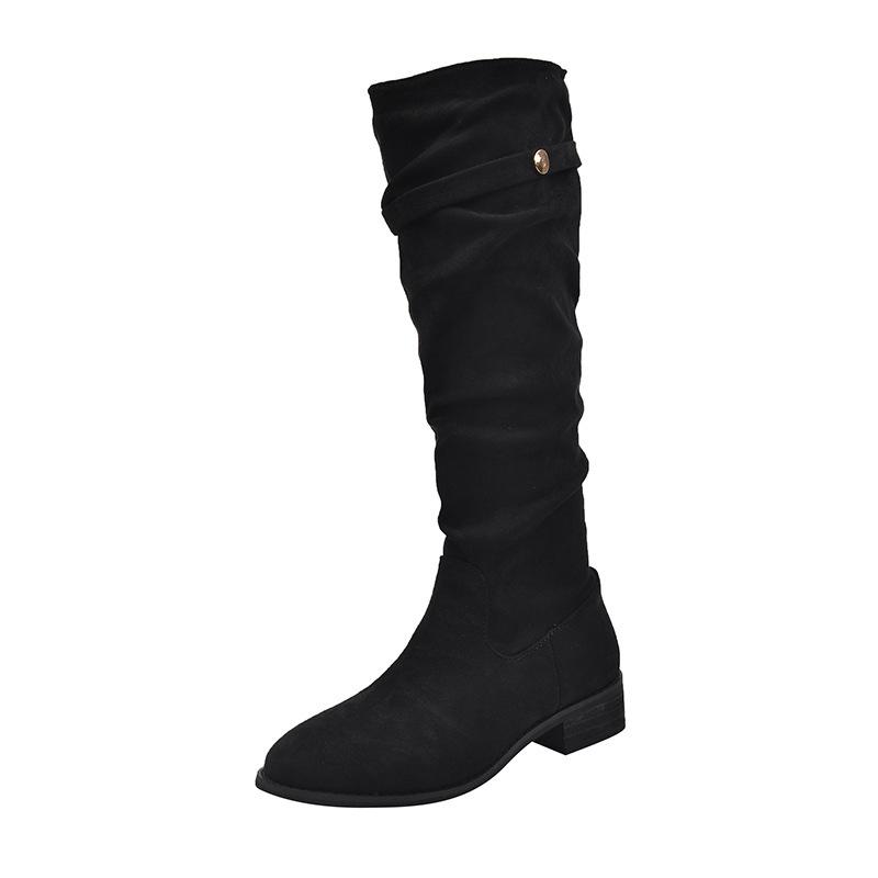 Französische Stiefel mit dickem Absatz aus aprikosenfarbenem Wildleder für Damen, 2025 neu, vielseitige dünne lange Stiefel für Frühling, Herbst und Winter
