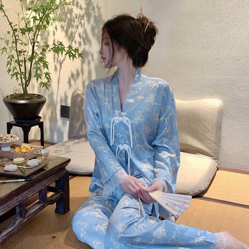 Fashion National Style High-End Short-Sleeved New Chinese Loungewear, Women Can Wear Ice Silk Suit Pajamas Outside