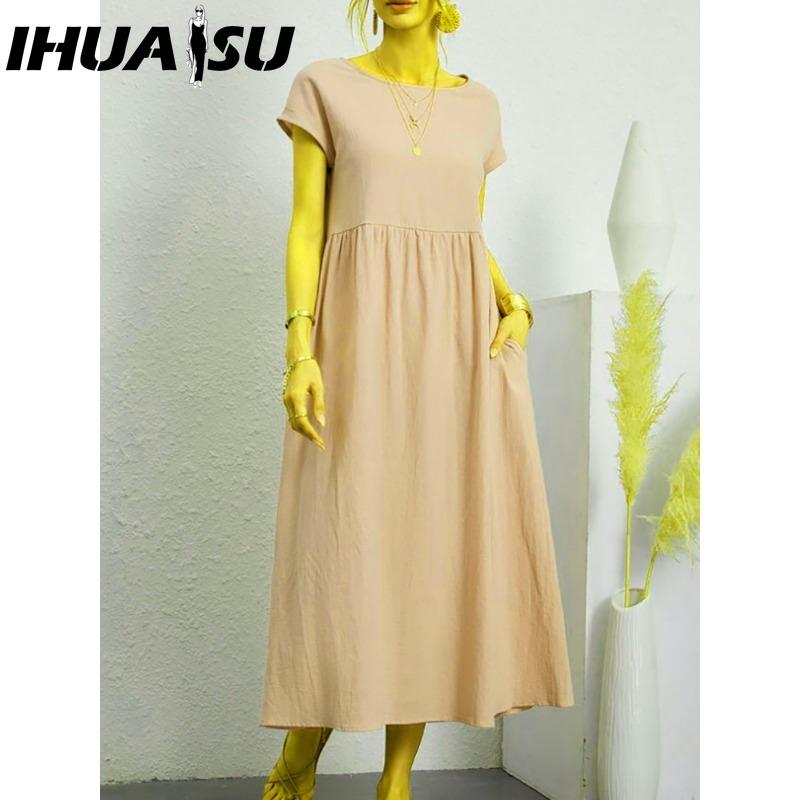 

IHUASU Жіноча Мода Літо Весна Однотонний Принт Короткий Рукав Круглий Виріз Повсякденні Сукні XXL хакі