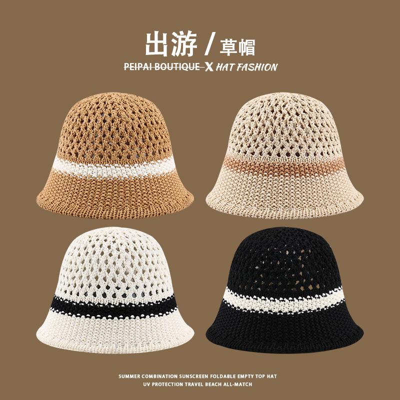 Women's Straw Hat Woven Sunshade Beach Hat Summer Hollow Breathable Bucket Hat Beach Sunshade Hat