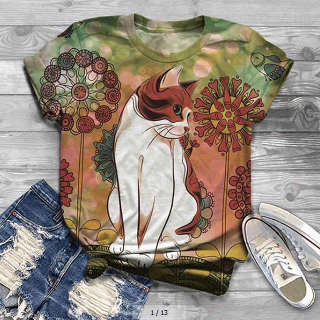 T Shirt Women Harajuku Tops Plus Size Women Short Sleeve 3D Kitty Cat Printed O-Neck Tops Tee T-Shirt Camisetas Mujer