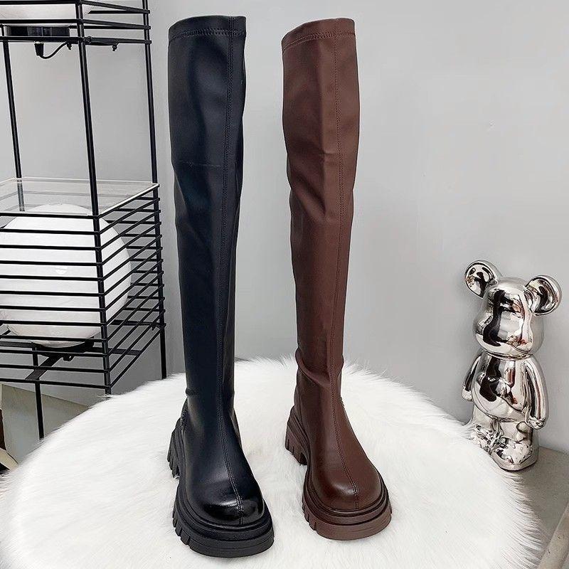 Women's Over-the-Knee High-Tube Autumn/Winter Knight Boots - Slim, Height-Increasing, Elastic, Plus Velvet with Zipper.