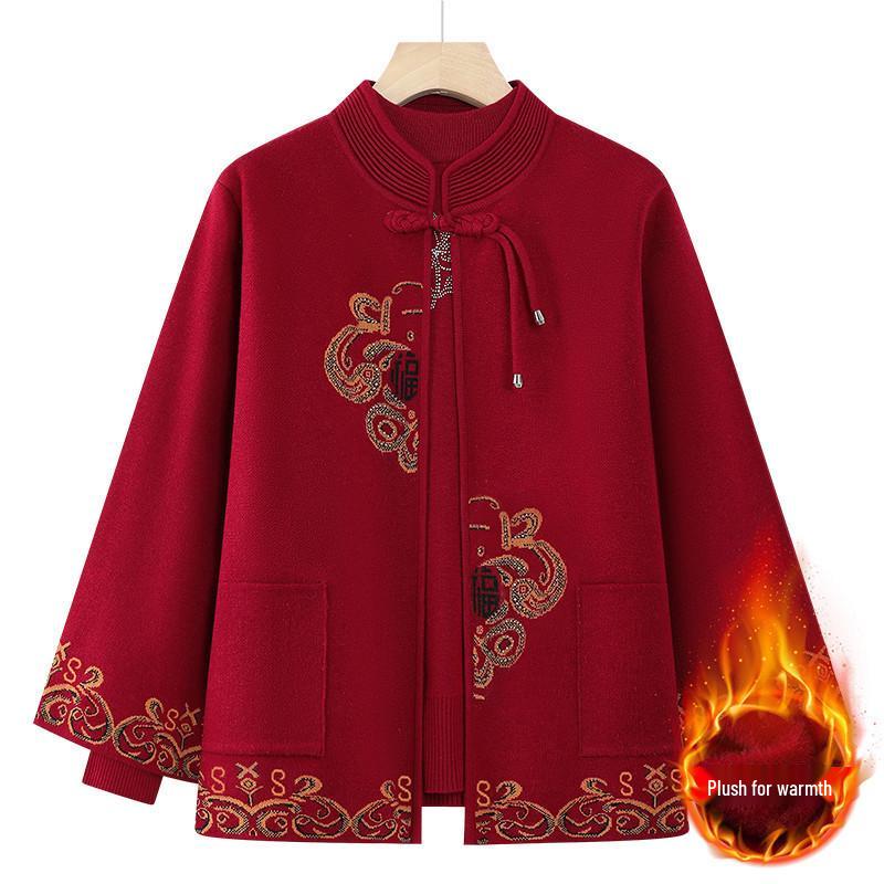 

Plus Velvet Two-Piece Knitted Sweater Cardigan Set for Middle-Aged Women - Warm Autumn/Winter Grandma Outfit 4XL for 135-155 lbs