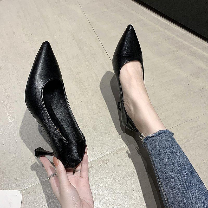 Not Tired Feet High Heels Thin Heels New Commuter Work Professional Black Single Shoes Soft Leather Women's Shoes Spring