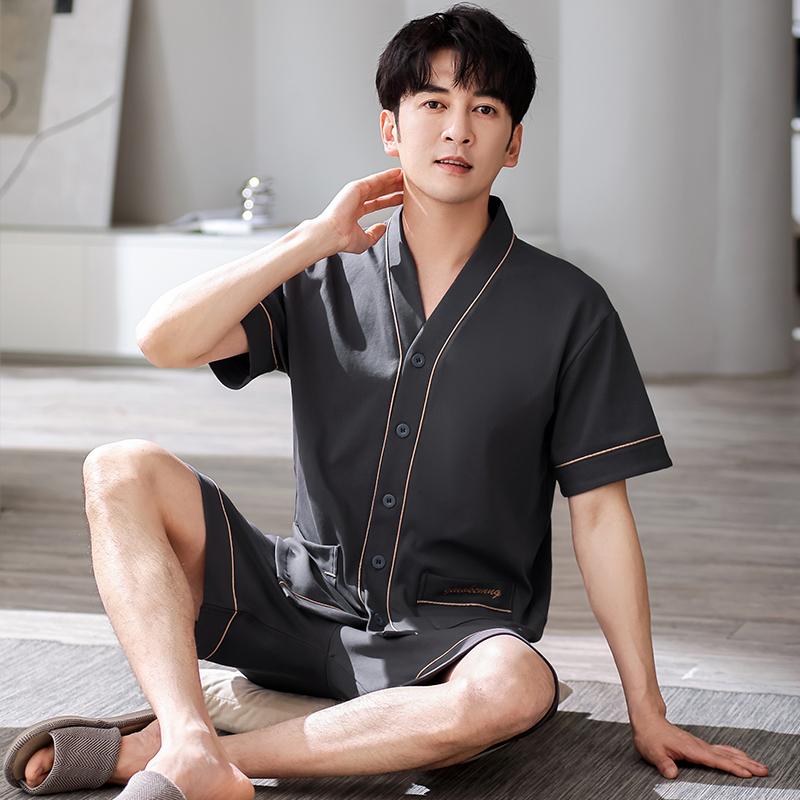 

Мужская пижама, летнее ночное белье из хлопка, рубашка с короткими рукавами и шорты, однотонная повседневная домашняя одежда, кимоно с V-образным вырезом L for 50-60kg