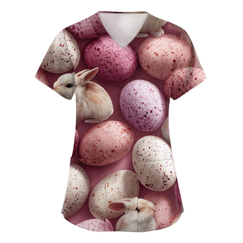 Damenmode V-Ausschnitt Kurzarm Arbeitskleidung Mit Taschen Osterdruck Oberteil Pflegekraft Uniform