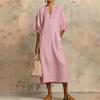 Robe d'été en coton et lin pour femme Robe tunique longue décontractée à manches courtes bouffantes Fermeture éclair Col rond Coupe ample Robe de vacances avec poches