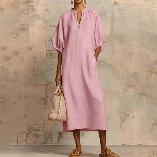 Robe d'été en coton et lin pour femme Robe tunique longue décontractée à manches courtes bouffantes Fermeture éclair Col rond Coupe ample Robe de vacances avec poches