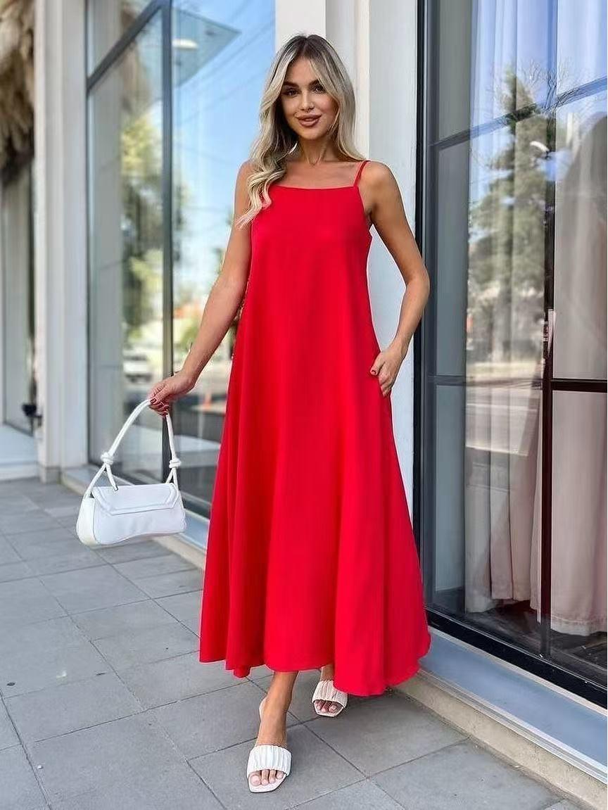 

Solid Color Spaghetti Strap Backless Swing Dress for Women - Casual and Sexy Fashion S червоний