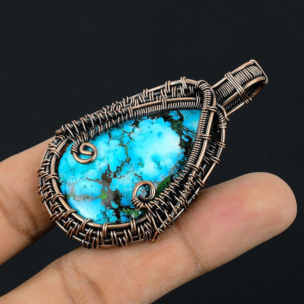 Tibetan Turquoise Pendant, 999 Copper Wire Wrapped Gemstone Jewelry, Handmade Pendant, For Thanksgiving