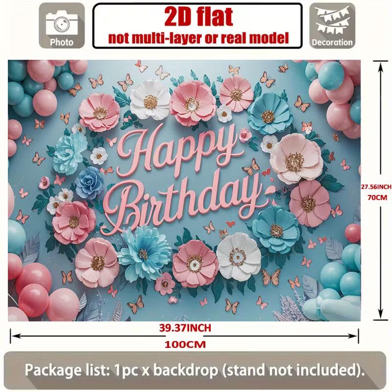 2D Happy Birthday Photography Backdrop, Light Blue Background with Pink Flowers and Butterflies
