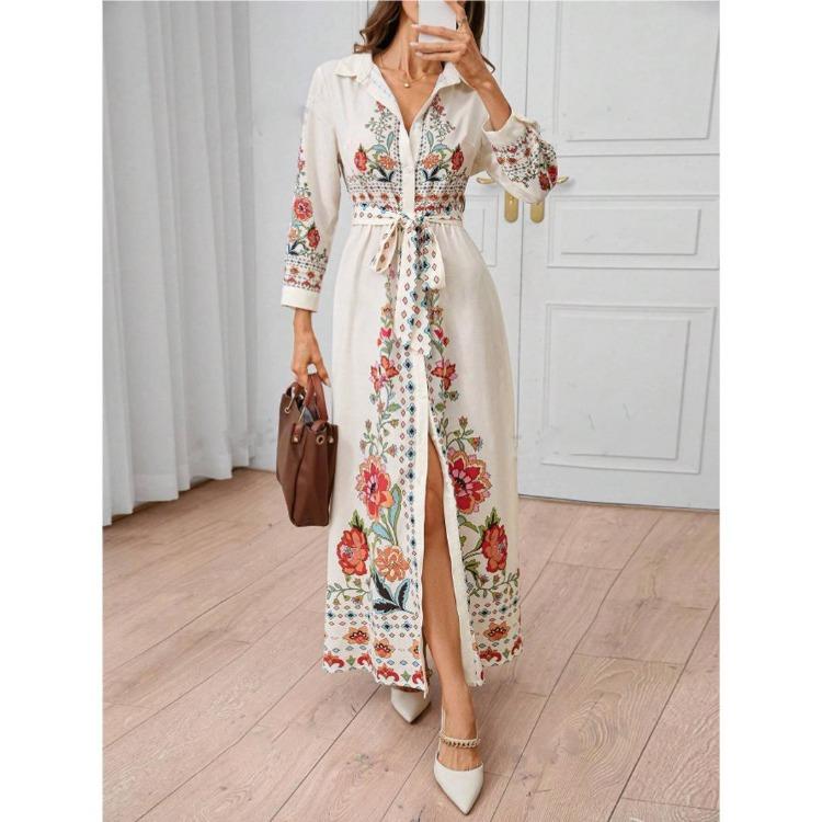 Damen Sommer Maxikleid mit Blumendruck Lässiges lockeres Langarm Hemdkleid mit Knopfleiste, Bindegürtel und Puffärmeln