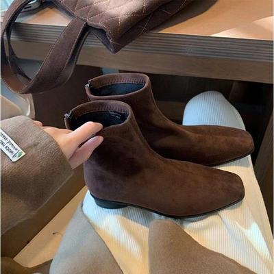 Small Man Increases Height and Looks Thin French Square Head Retro Brown Suede Thick Heel Short Boots Zipper Flat Bottom Martin Boots Women
