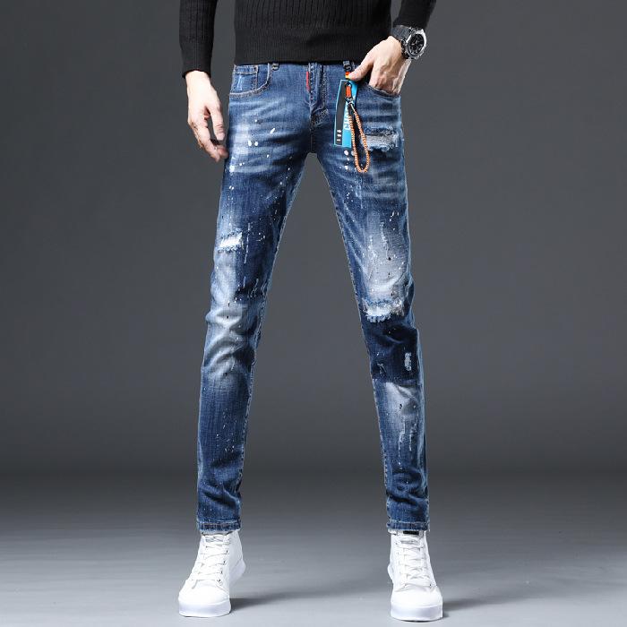 

Джинсы мужские облегающие прямые брюки на все сезоны длинные универсальные модные брендовые джинсы с эффектом потертости с висячими вставками мужская одежда 30 синий