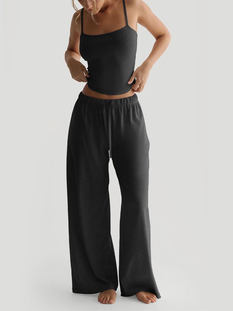 Summer Camisole Crop Top Long Pants Casual Wide Leg Pants Lazy Style Set For Women