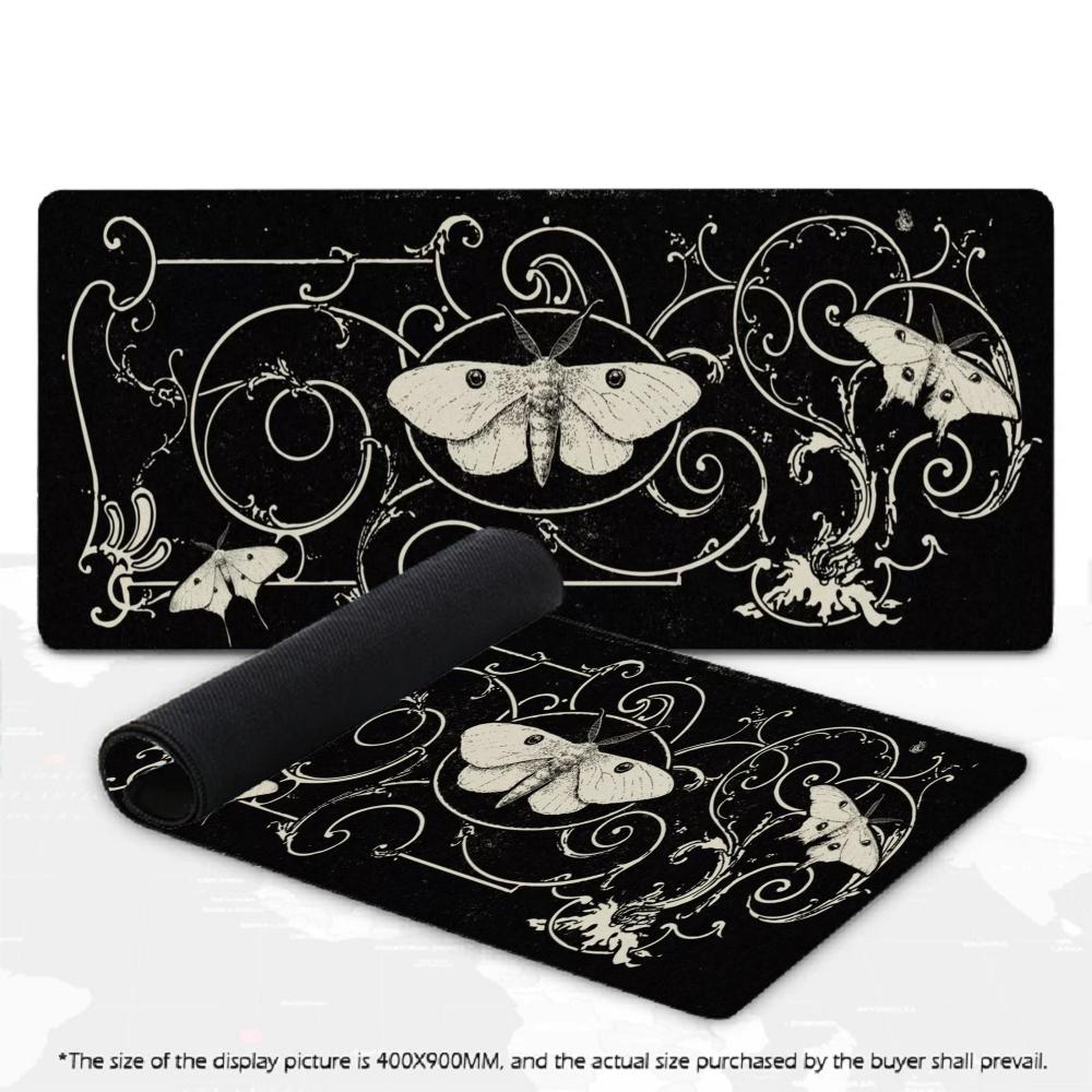 Gaming Mouse Pad Black White Gothic Butterfly Moth Pattern Deskmat Non-Slip Rubber Keyboard Mat Grunge XXL Desktop Table Mat