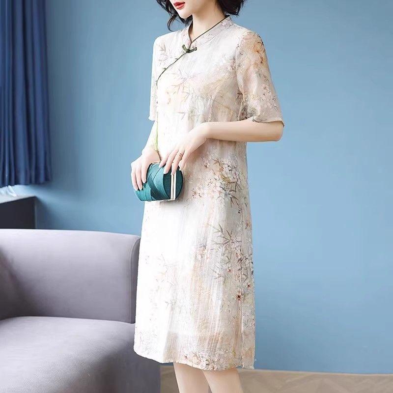 Luxury Silk Cheongsam Dress Chinese Style Modified for Women Short Sleeves Elegant Mother Dress Over Knee Length