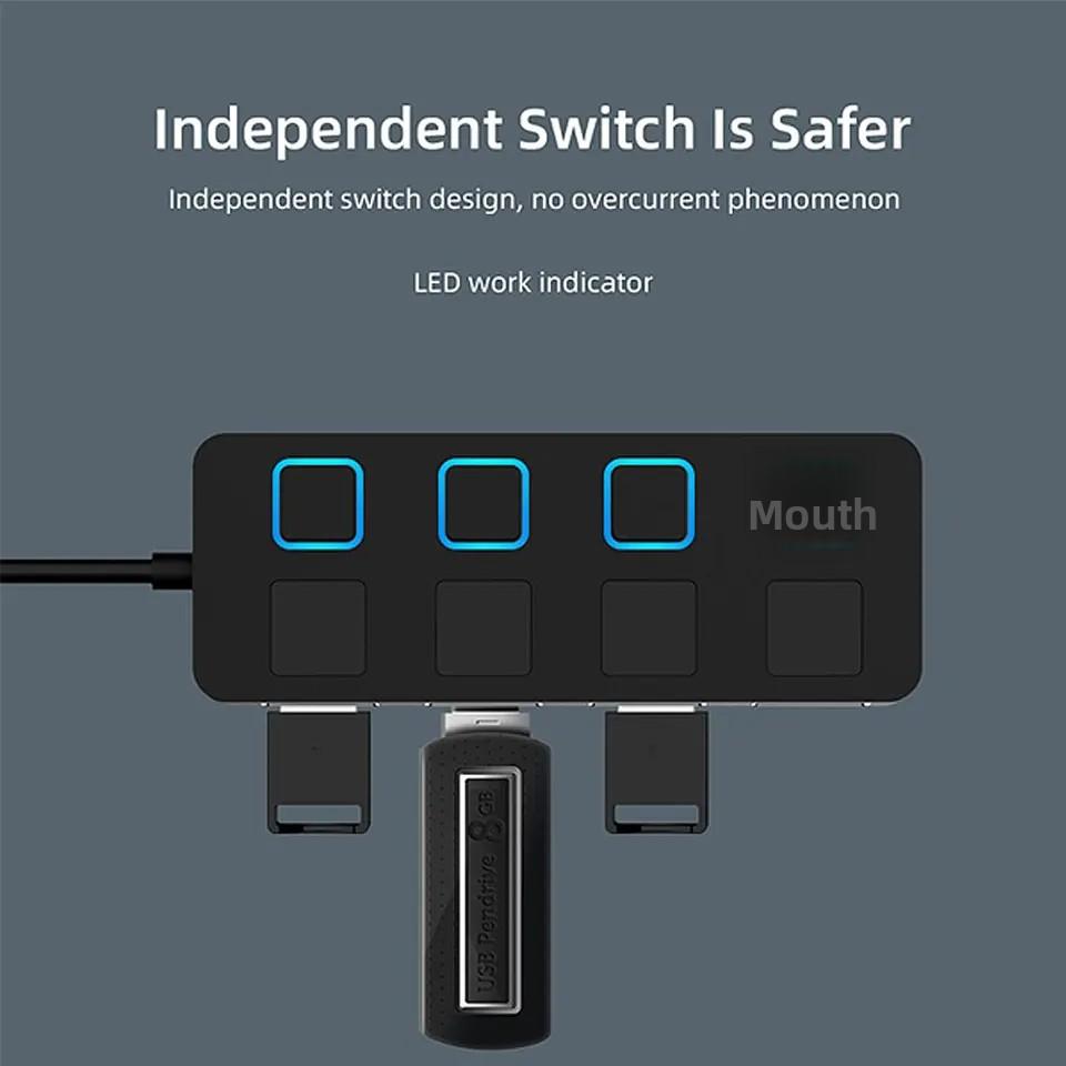 4 Ports USB 2.0 Hub On/Off Switch Splitter Expander Independent 480Mbps Fast Transmission Data Charge Adapter PC Computer
