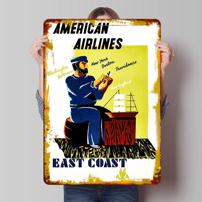

American Airlines East Coast Tinplate Poster Customized Wall Art Vintage Retro Metal Signs for Office Decor Decoration Home Room 7.9x11.8In(20x30cm)
