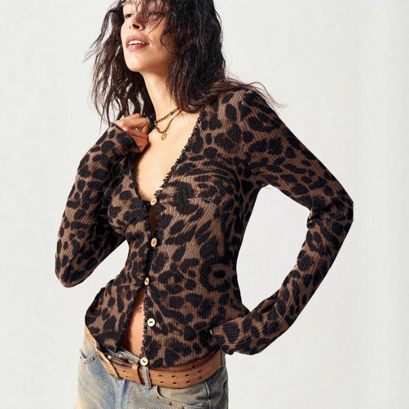 V Neck Leopard Print Long Sleeve Slim Fit Button Cardigan