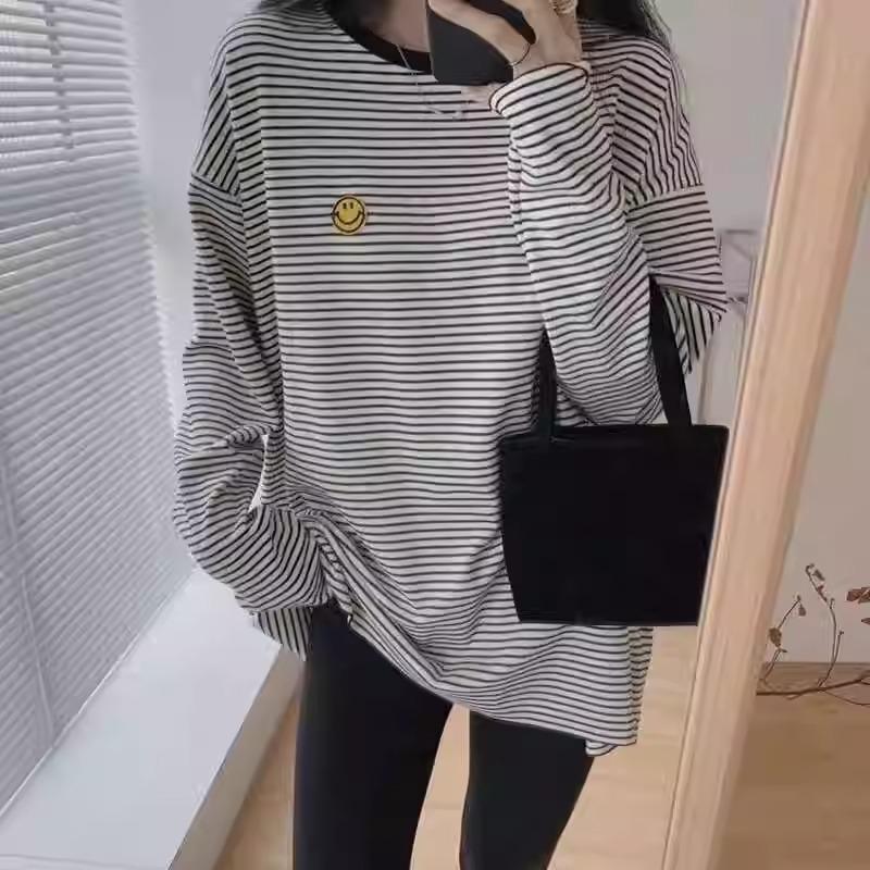 

Autumn Oversized Striped Long Sleeve T-Shirt for Women - European & Korean Style, Loose Fit Mid-Length Top Large