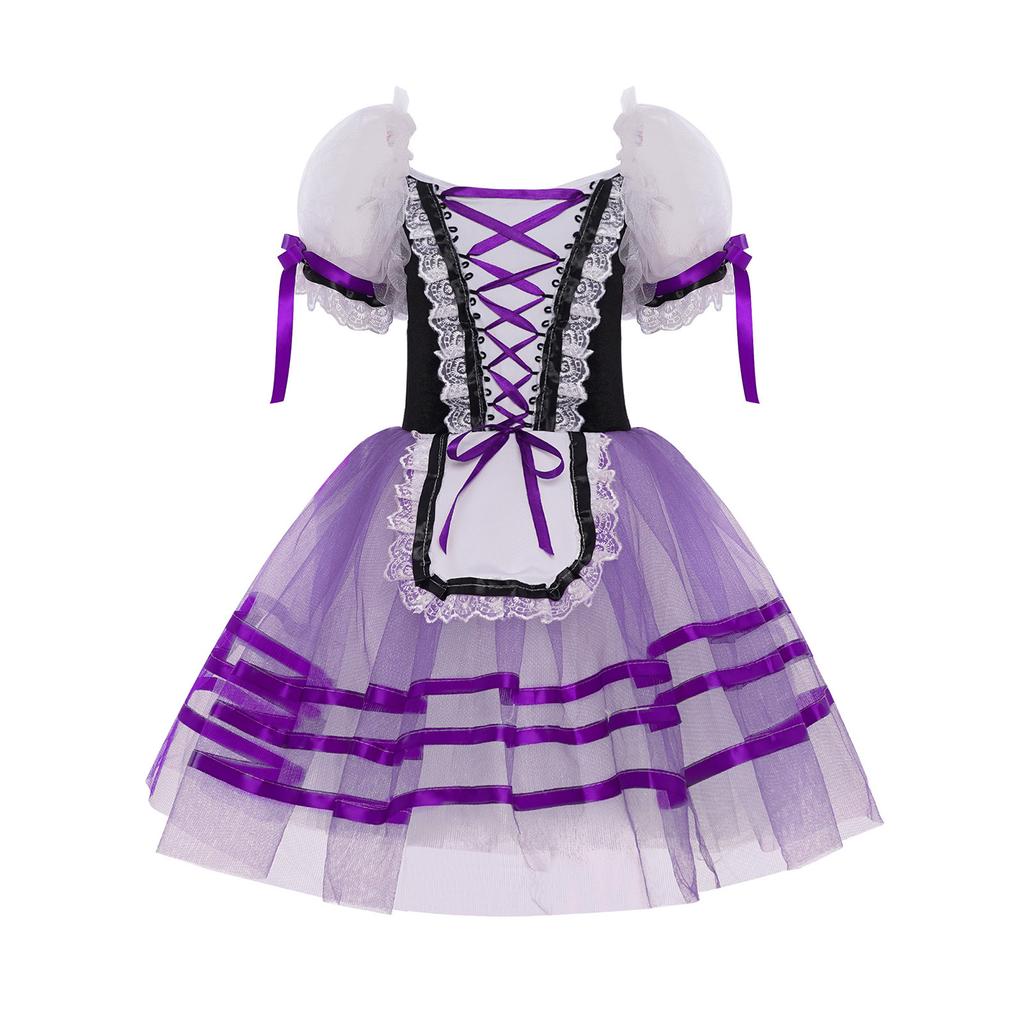 Mädchen Puffärmel Schichtkleid Tüllkleid Spitzenbesatz Samt-Oberteil Schnürung am Rücken Ballett Kostüm