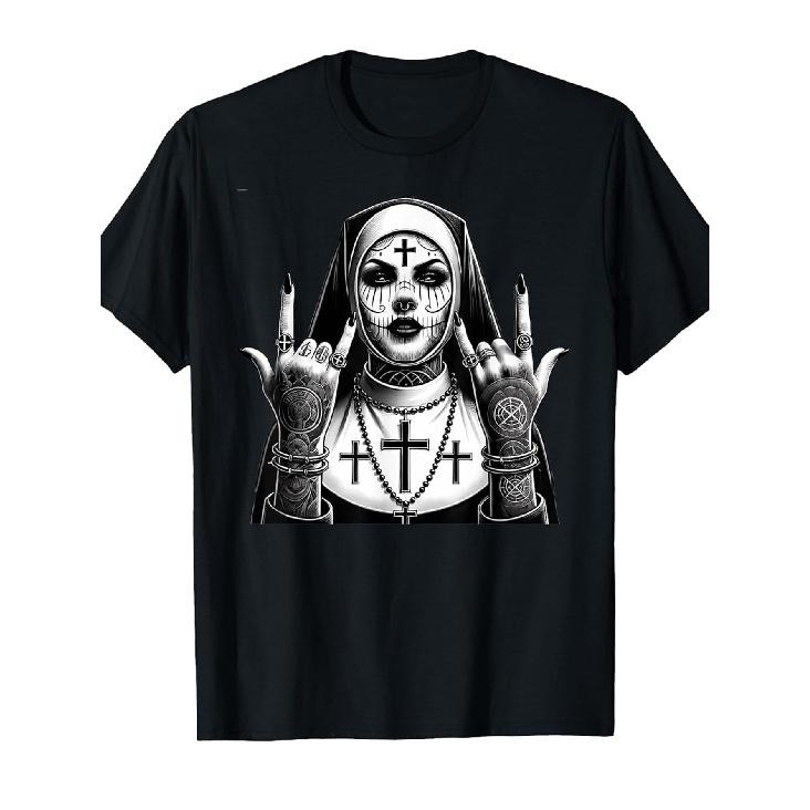 Men'S Gothic Punk T-Shirt - Black Nun Graphic Tee with Chains, Loose Fit Emo Shirt for Concerts, Halloween & Everyday Dark Fashion - Occult Religious