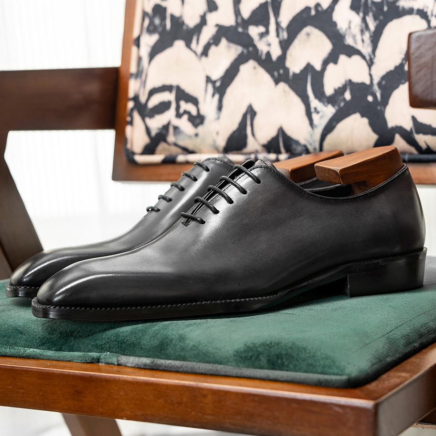 Zealous Sole Men's Gray [One-Piece High-End Oxford Shoes] Business Dress Leather Shoes, British Genuine Leather Handmade Shoes Cm
