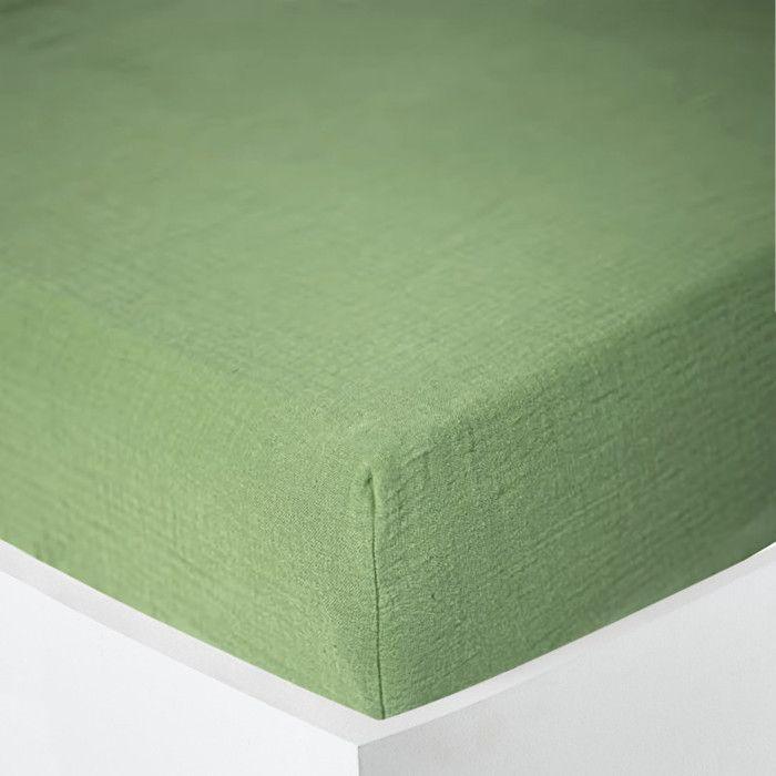 Drap housse "Noah" toutes dimensions "Gaze de Coton" - Noah Olive - 160 x 200 cm bonnet de 30 cm