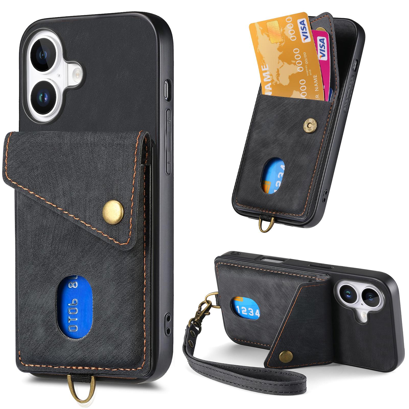 

For iPhone 16 Plus Case with Card Slot Kickstand Leather TPU Phone Cover Black