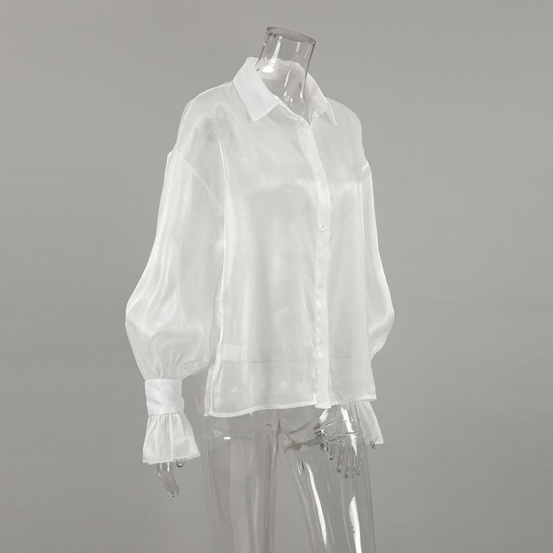 Women S French Style Sheer Mesh Long Sleeve Collared Shirt