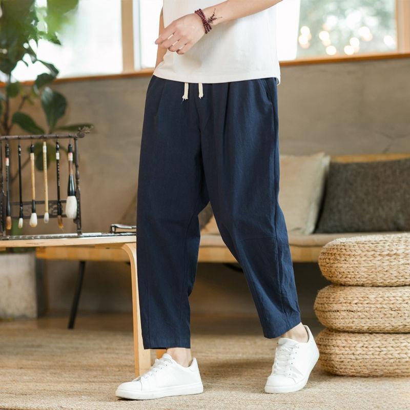 Men's Neo Chinese Style Cotton Linen Sweatpants Breathable Solid Color Streetwear Loose Trousers for Summer Vacation