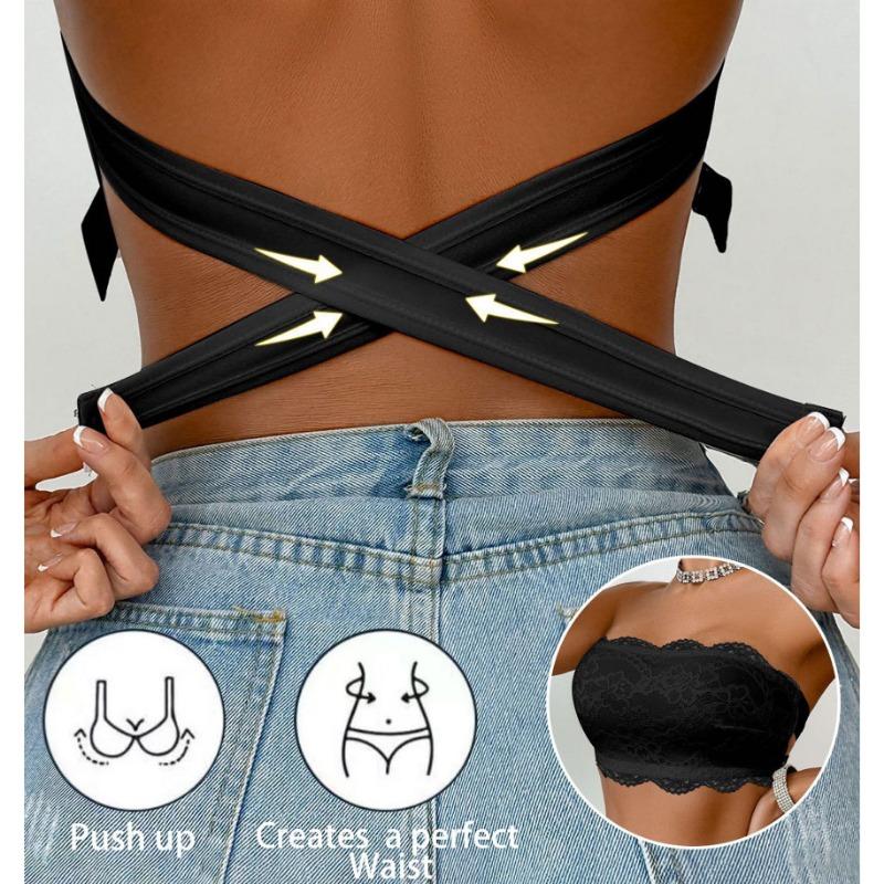 Reggiseno a fascia da donna in raso e pizzo senza spalline, schiena scoperta, sexy, senza imbottitura, intimo invisibile
